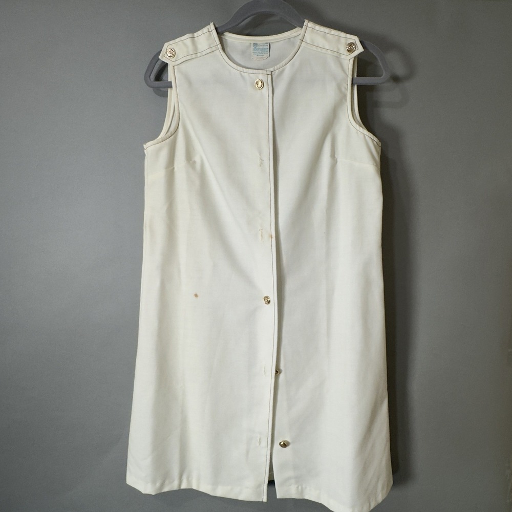 CAROL EVANS Penn Prest Dress Girls 14.5 Ivory Mod Shift Gold Button Vintage USA